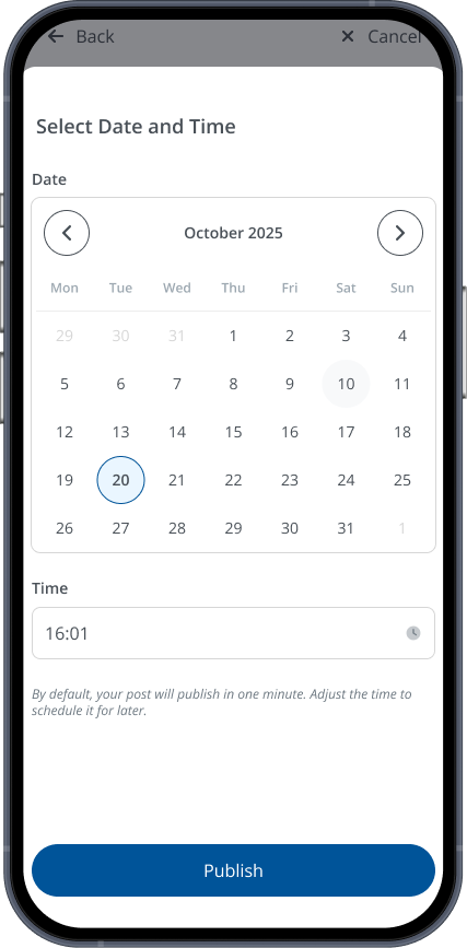 Date and time selection for publishing