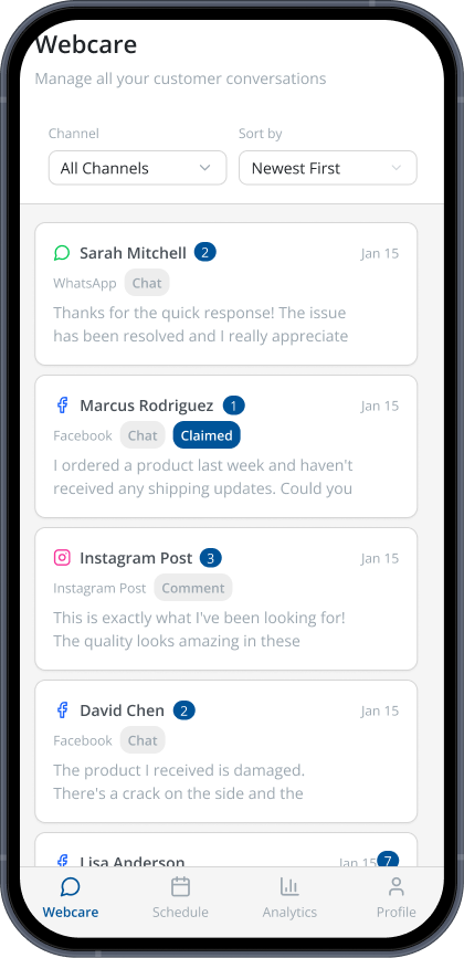 Streams list showing message threads across channels, with filters and sort controls